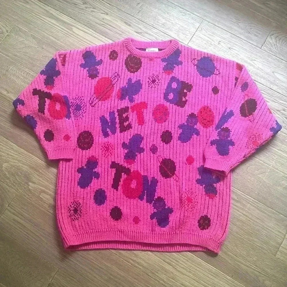 United colours of Benetton | Vintage Pink  wool blend knit sweater with ghosts - Picture 1 of 8